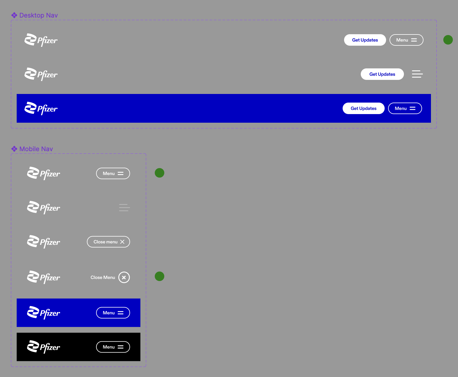 Desktop and mobile navigation bar variations for the Pfizer site.